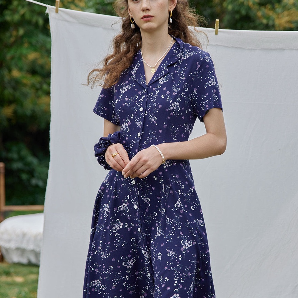 Simple Retro Floral Shirt Dress - Violet